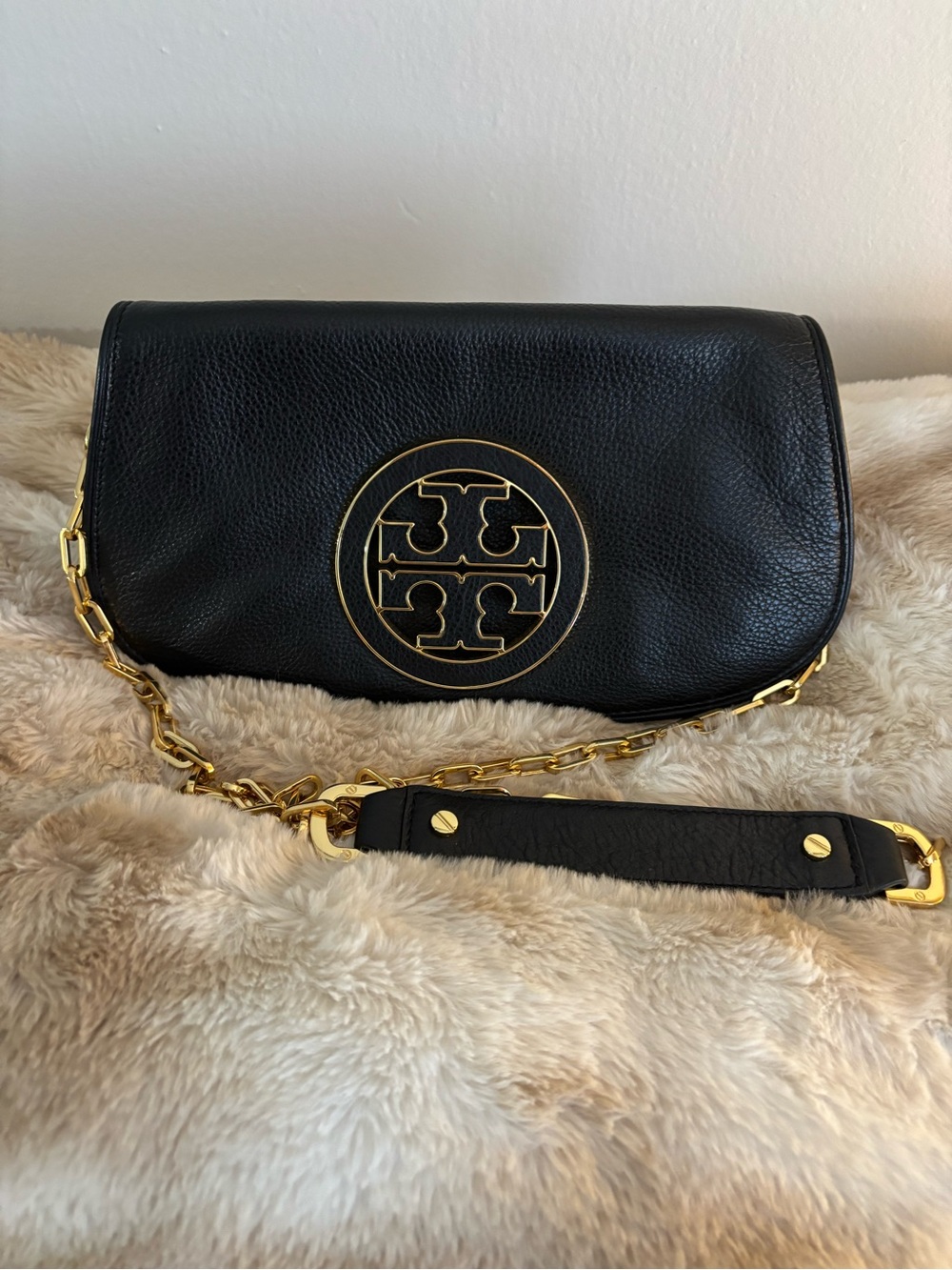 Tory Burch Black Reva Leather Clutch with Gold Logo cross body chain like new